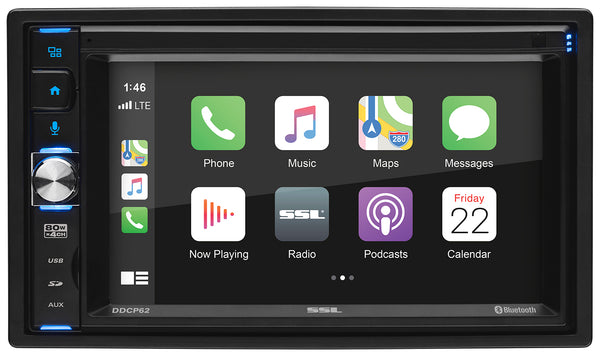 SSL Double-DIN, Apple CarPlay Mech-Less6.2" Touchscreen Bluetooth + Back up Camera