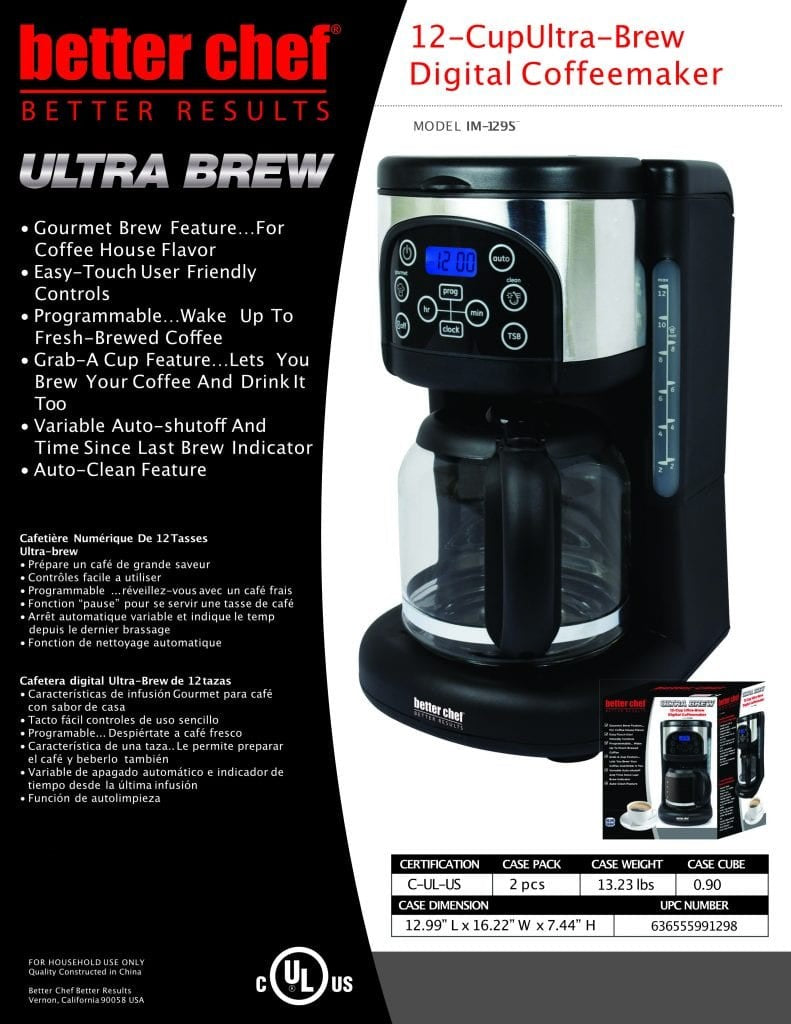 Better Chef IM-129S Ultra Brew Digital 12 Cup Coffee Maker, Black